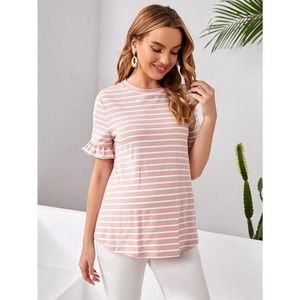MATERNITY Flounce Short Sleeve Striped Tee shirt pink
